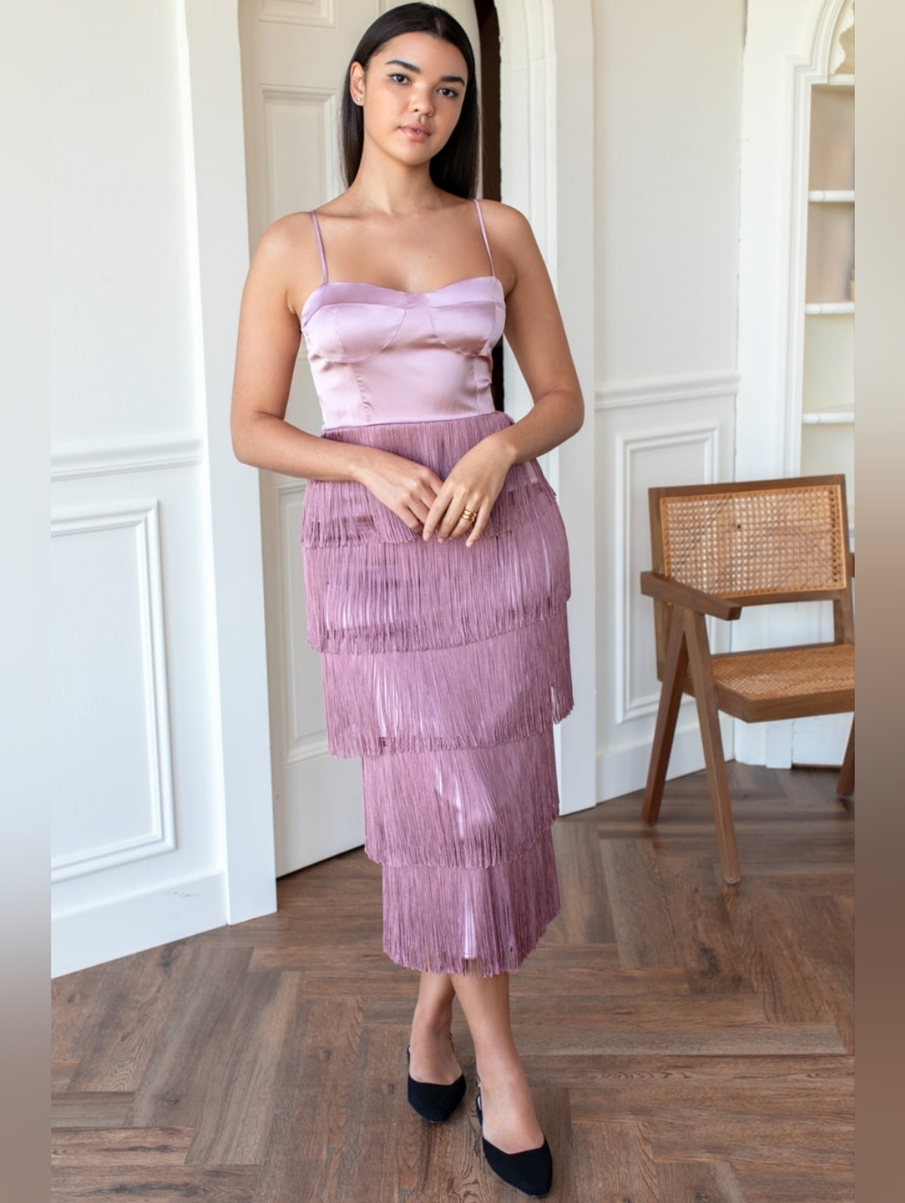 Emerson Fry Fitted Bodice Fringe Dress - Lavender Rose